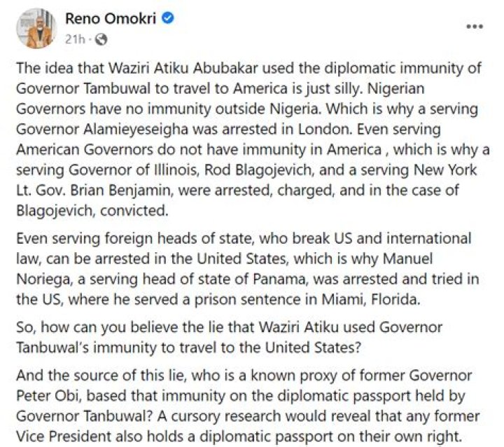 
Atiku Did Not Use Governor Tambuwal’s Immunity To Visit US — Reno Omokri 